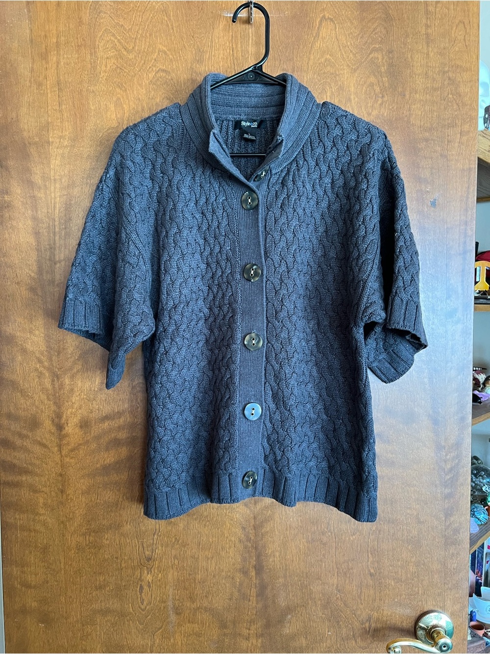 Style & Co. Short-Sleeve Cable-Knit Shawl Collar Cardigan in Dark Gray
